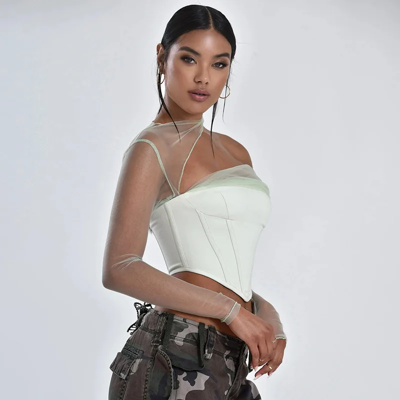 2023 sommer Mode Heißer Verkauf Neue Elegante Sexy Sheer Mesh Patchwork Rohr frauen Top