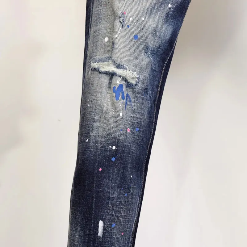 High Street Fashion Men Jeans Retro Blue Stretch Slim Fit Painted Ripped Jeans Men Patched Designer Hip Hop Brand Pants Hombre