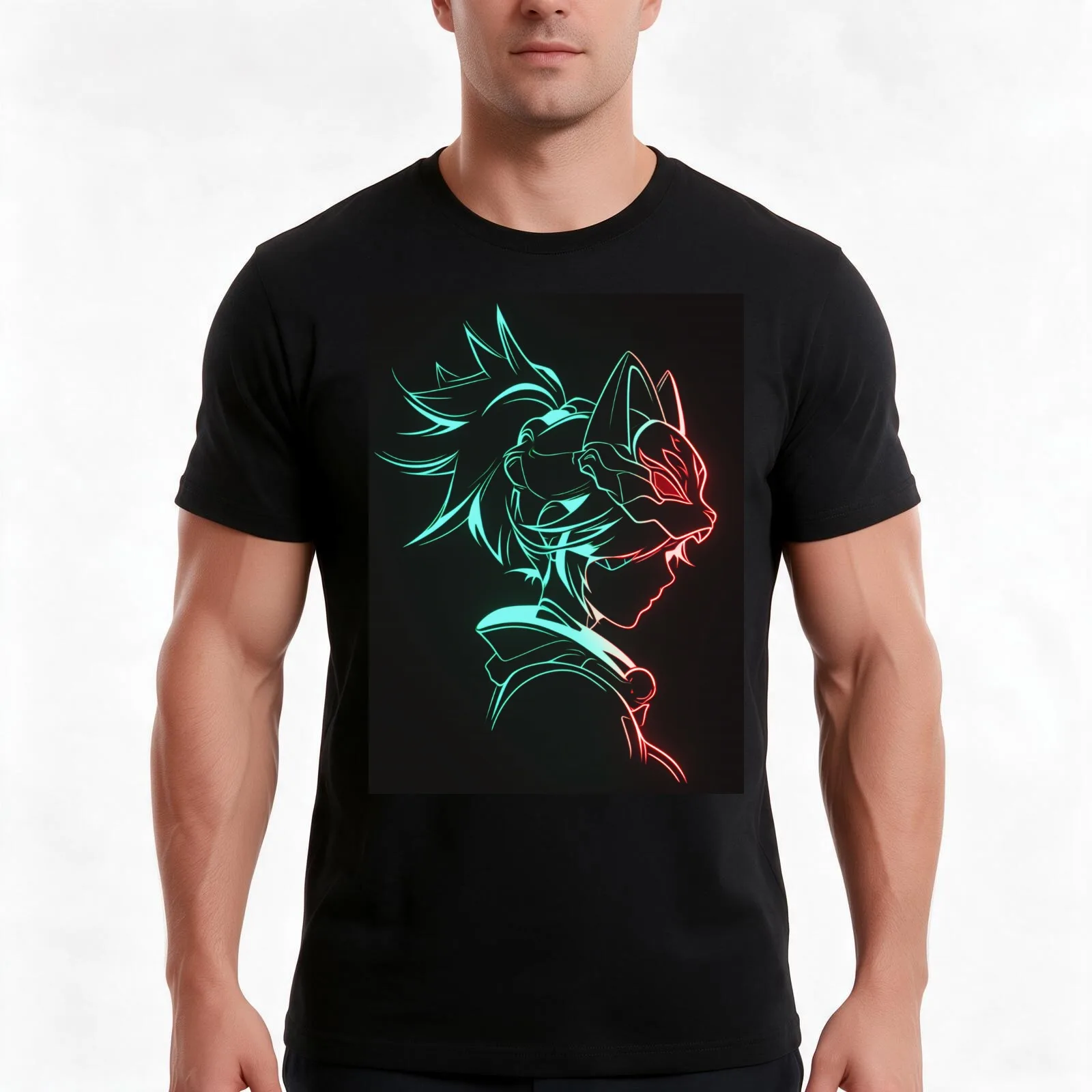 Neon Kitsune Rush T-Shirt, Summer Casual Cotton Tee, Oversized Streetwear Tops, Vintage Graphic Print, Loose Fit Short Sleeve