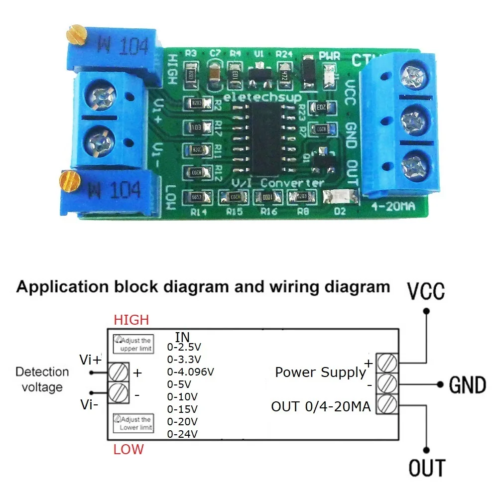 0-5V 10V 24V to 4-20mA Range Adjustable Voltage to Current Transmitter Linear V/I Converter Module