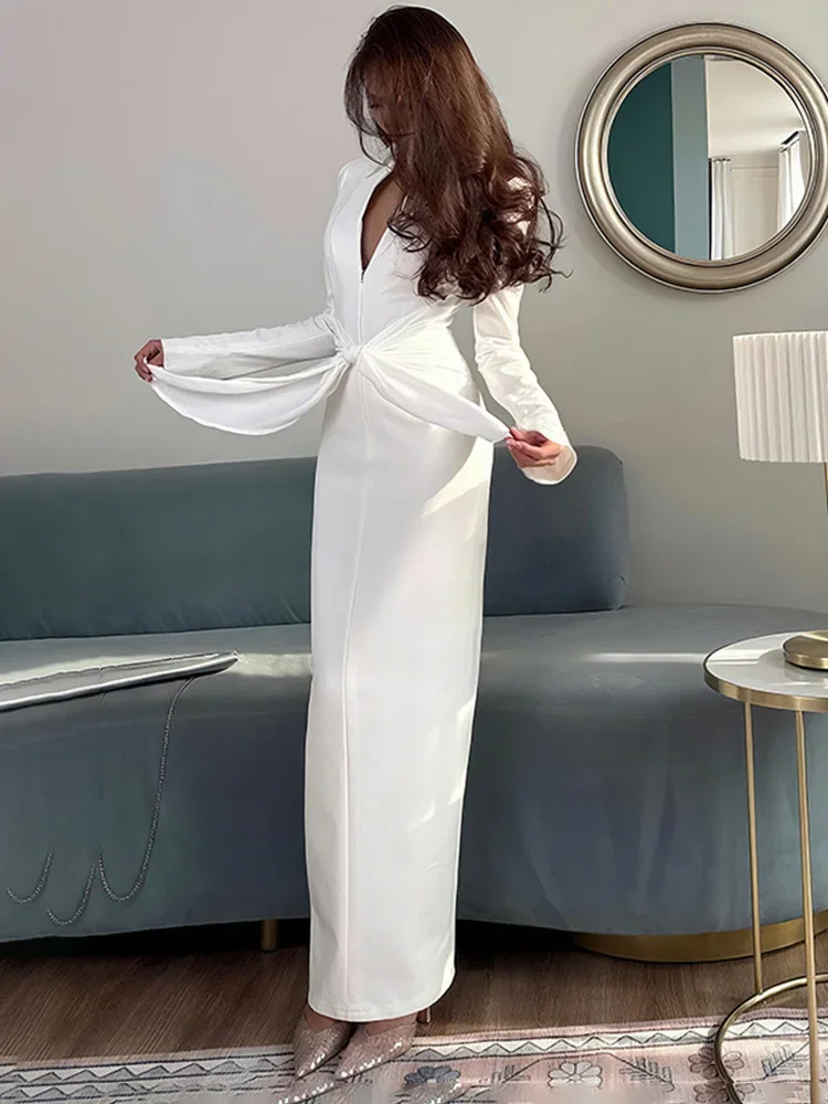 

2025 Lace Up Elegant Evening Dress Female Autumn Slim Commute Long Dress Sexy Deep V Neck Long Sleeve Maxi Dresses Party Dress