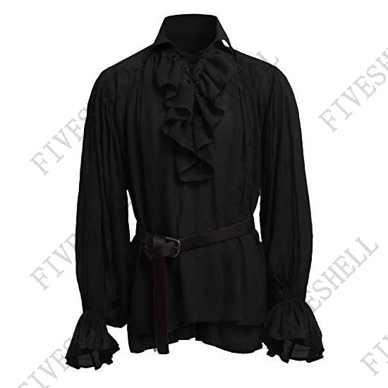 Christmas Mens Medieval Shirts Poet\'s Renaissance Cosplay Costume  Pirate Captain Lace Up Ruffle Tops Sand Collar Shirt