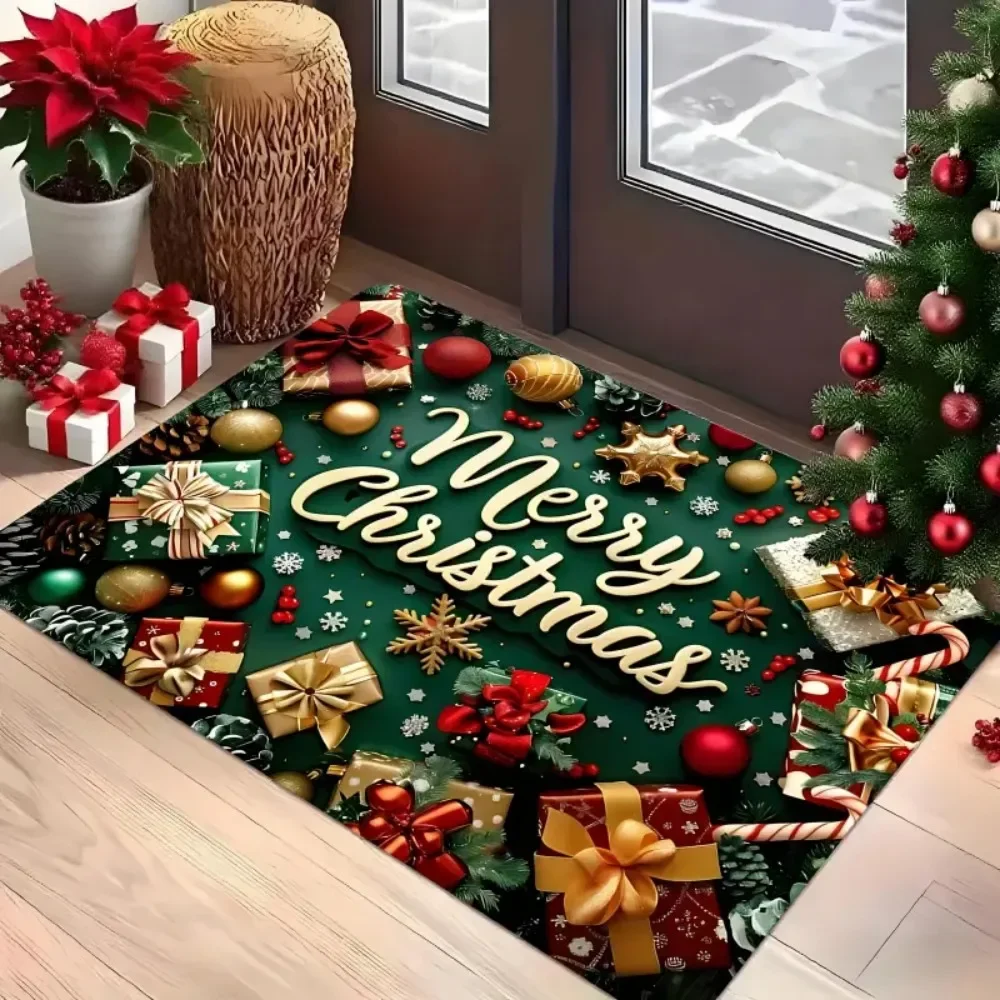 

Merry Christmas Pattern Mat Christmas Gift Pattern Home Entrance Doormat Porch Kitchen Bathroom Bedroom Non-slip Decor Mat