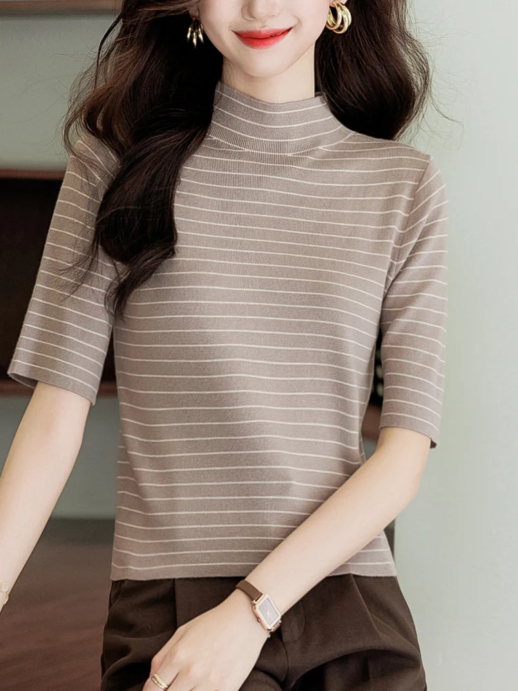 Ice Silk Mid-Sve Knitted Top Women's ort Sle f High Collar Summer T-irt Striped Faionable Small Size Commute Sle