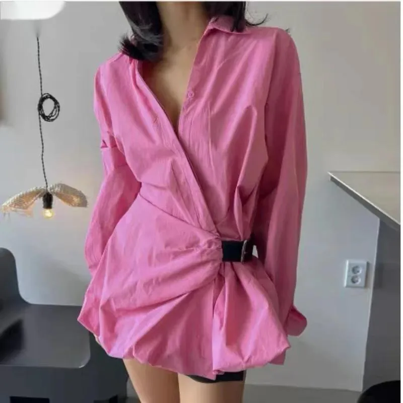 

Korea Chic Ladies Office Shirts Beautiful Women's Clothing Belt Splicing Design For Trendy Clothing Femme Blusas