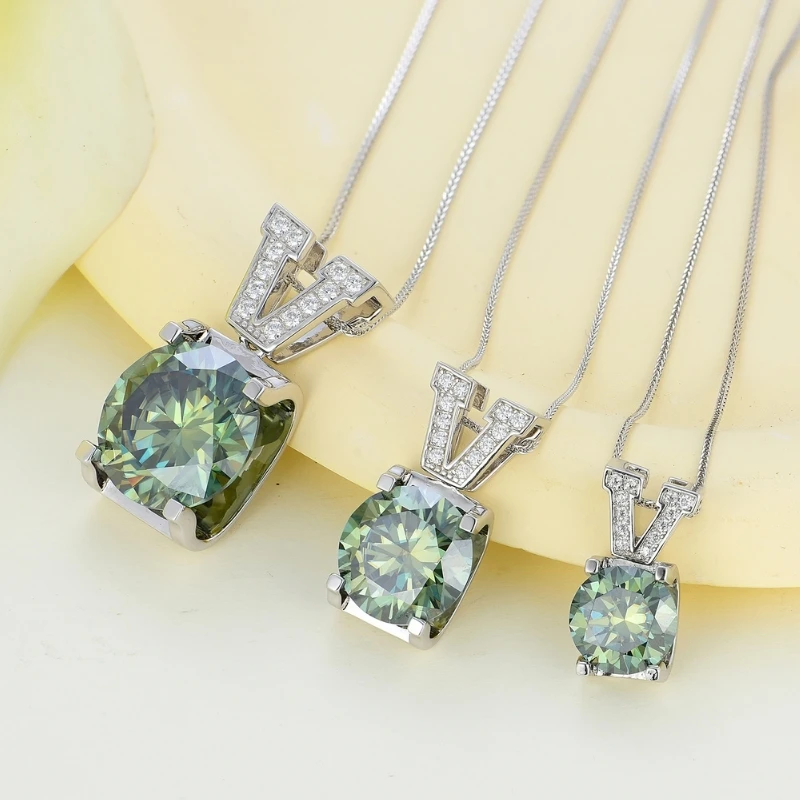 5/10/20ct Green Moissanite Necklace Pendant For Women Men, S925 Silver 18K Gold Plated Pendant