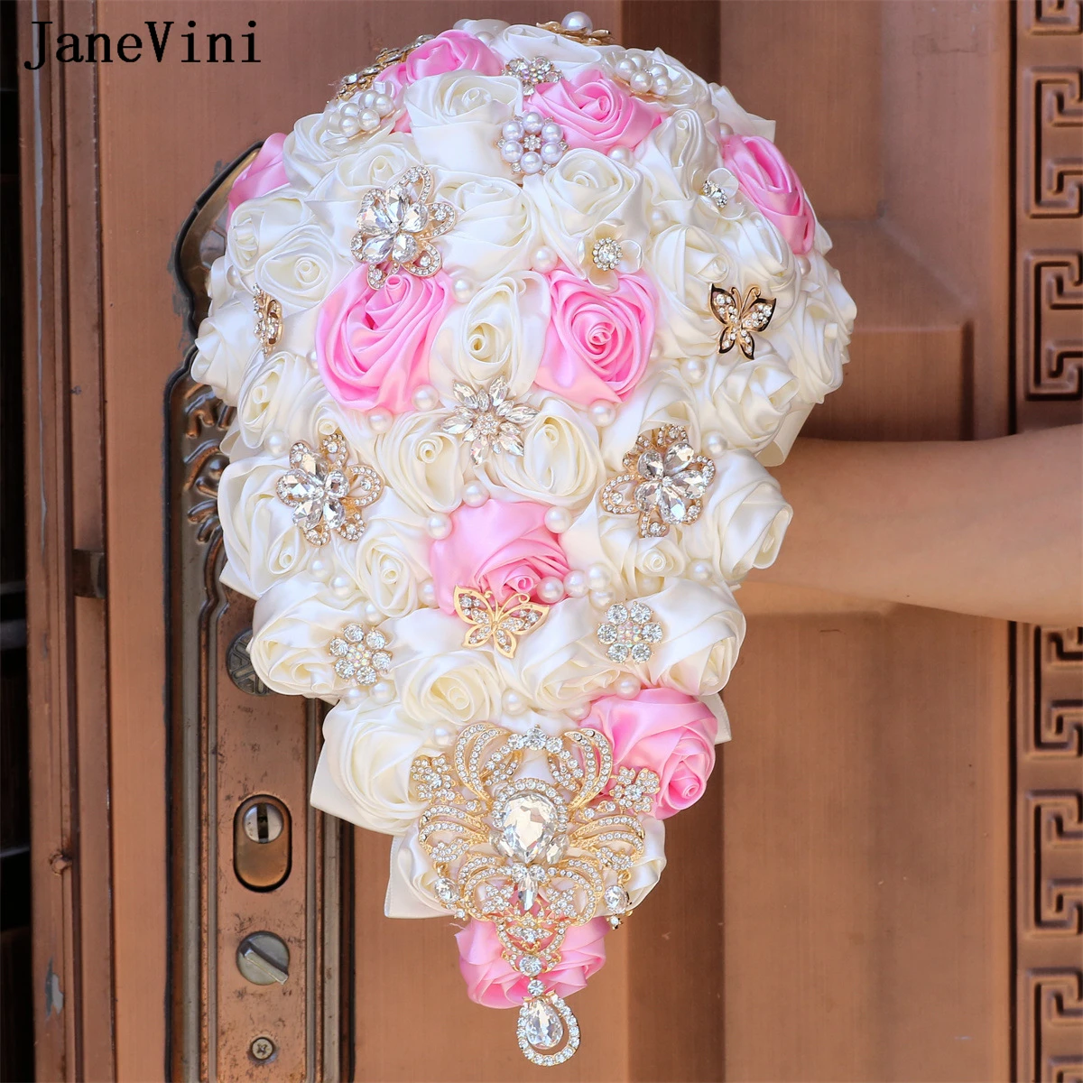 

JaneVini Luxury Golden Rhinestones Pink Ivory Cascading Flowers Waterfall Bridal Bouquets Artificial Satin Roses Wedding Bouquet