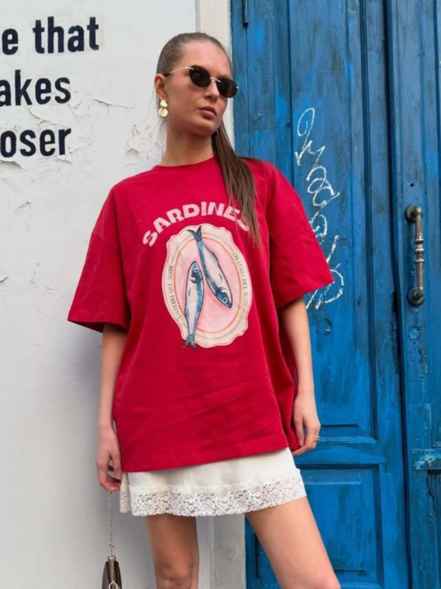2026 Summer New Red Cotton T-Shirt Women's Retro Print Loose Fit Casual Versatile Short Sleeve Tops & Tees