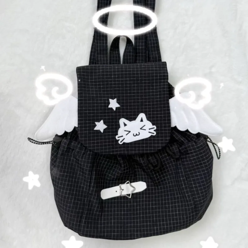 Embroidery Cat Backpacks Back To School Grid Y2K Star Wing Backpacks Versatile Symbol Drawstring Rope Large Capacity Backpacks