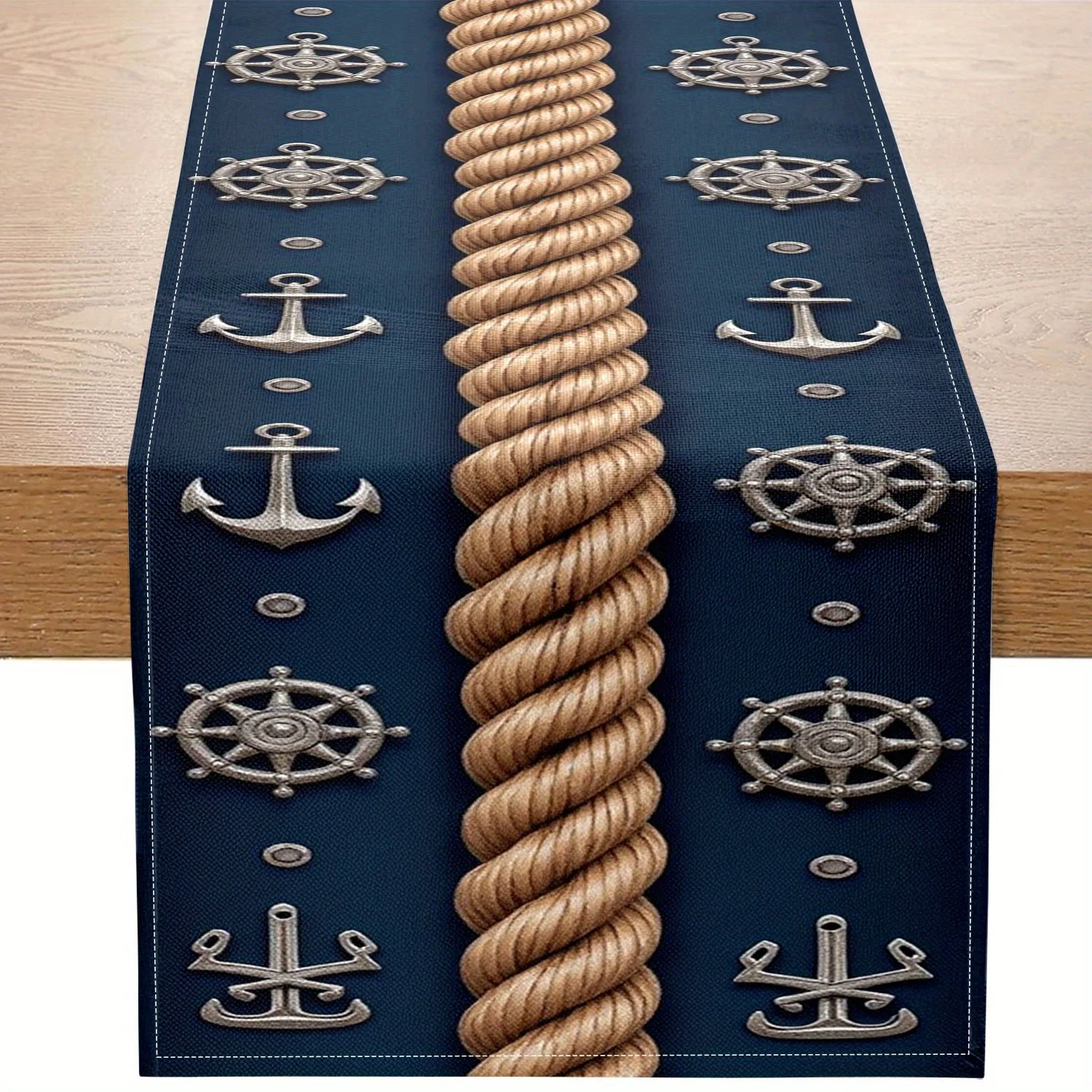 Nautical Table Runner | Deep Blue & Golden Rope + Ship Wheel Anchor | Perfect for Beach Vacation Theme Party Marine Events