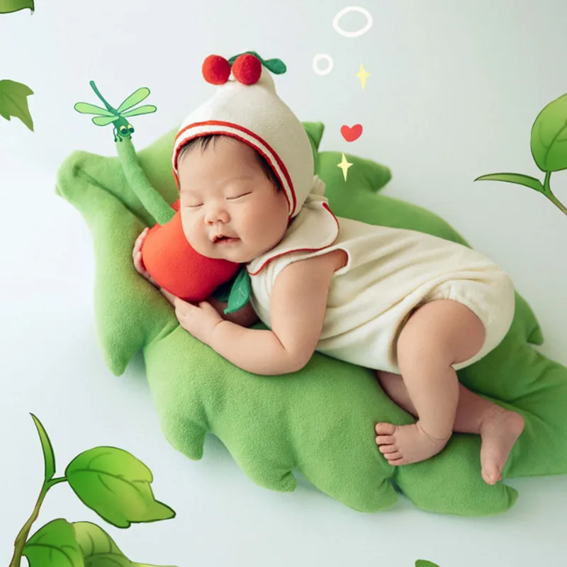 ❤️Newborn Photography Clothing Hat+Jumpsuit+Cherry Tree+Cherry+Leafage 5Pcs/Set Studio Baby Photo Props Clothes Outfits