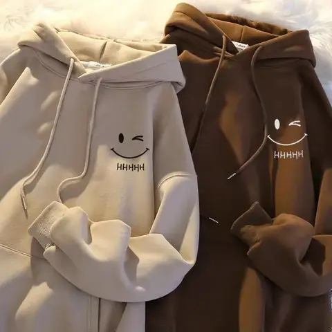 Maglione con cappuccio da uomo con volto sorridente, divertente, alla moda, per coppia, americano, pesante, allentato, in cashmere ispessito, per ragazzi