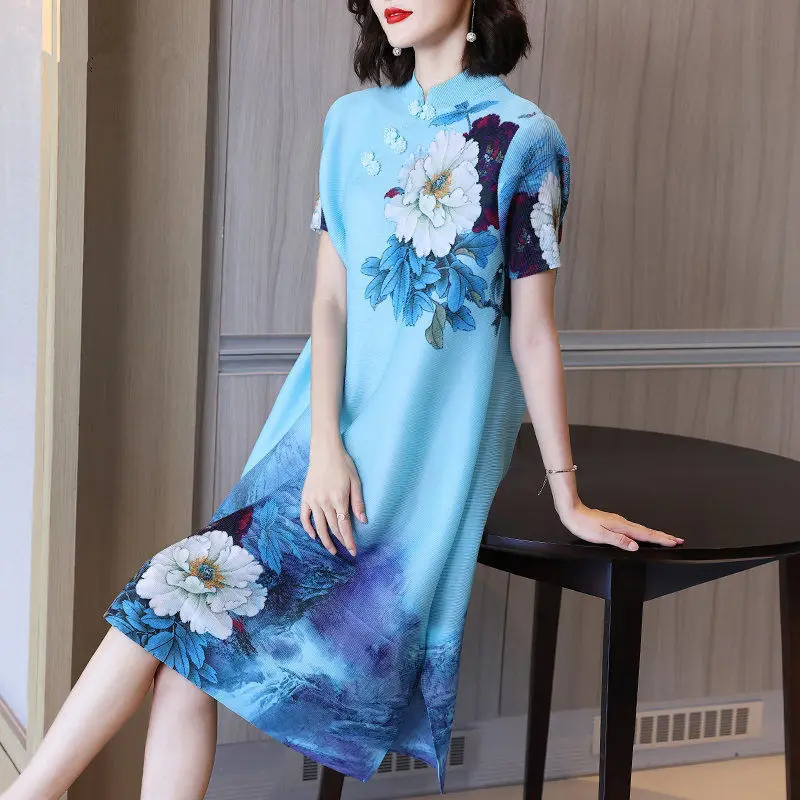 

French Vintage Print Mom Summer Dress New Women's Loose A-line Large Women's Dress beach dress