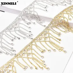 Bright Glass Crystal Net Mesh Fringe Trim Sew on Silver Gold Rhinestone Tassel Chain Diy Wedding Dress Shoes Bags Decoration