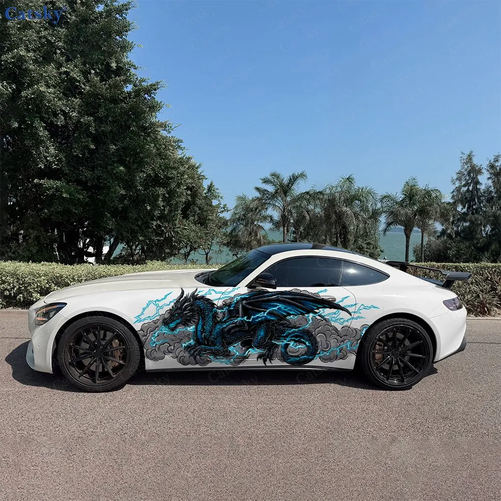2pcs Blue Lightning Black Dragon Decal, Durable, Fade-Resistant, Enhance Vehicle Aesthetic With Bold Design Car Vinyl Wrap