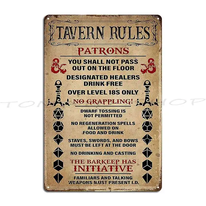 Tavern Rules Dnd Patronss The Barkeep Has Initiative Metal Signs Plaques Wall Decor Retro Wall Decor Printed Tin Sign Poster