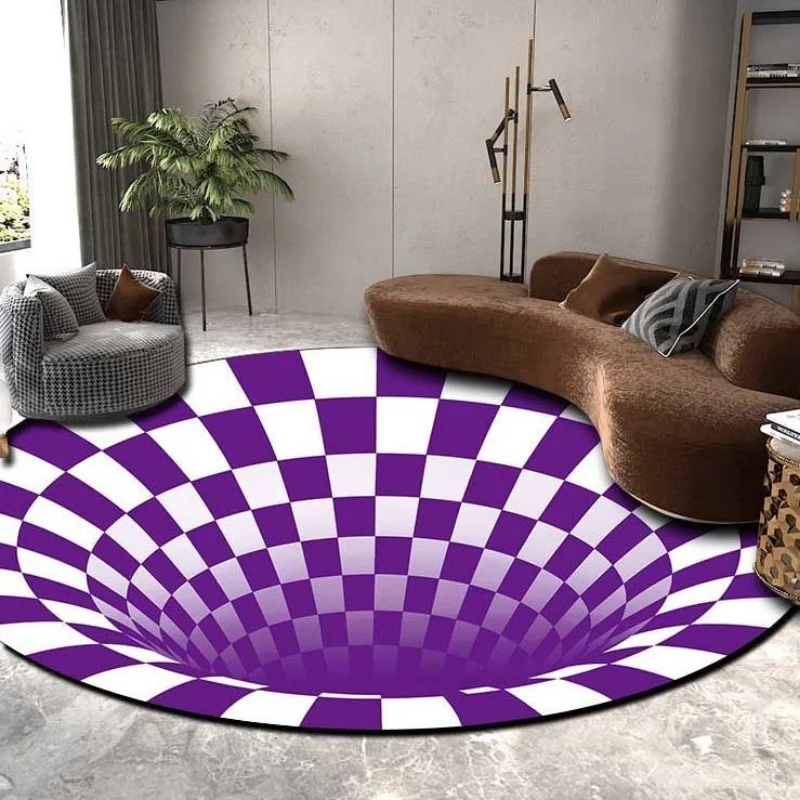 3D Vortex Illusion Round Carpets for Living Room Decoration Black White Grid Carpet Large Area Rugs Bedroom Entrance Door Mat