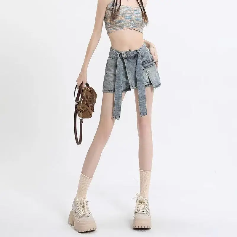 

Spice Girl Denim Shorts Women's Summer Strap High Waist Wide Leg Design Shorts