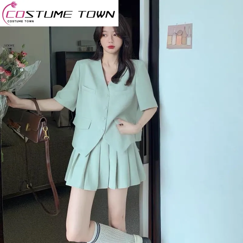 Single/Set Fashion Short Sleeve Suit Set Women\'s Summer Korean Edition Reduced Age Small Figure Pleated Skirt Two Piece Set