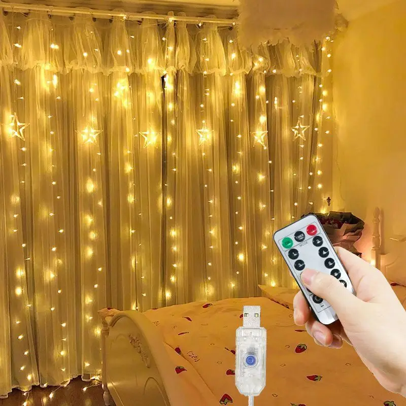 Christmas Curtain LED Light String Bedroom Home Decoration 8 Modes Wedding Party Light USB Power with Remote Control for Garland