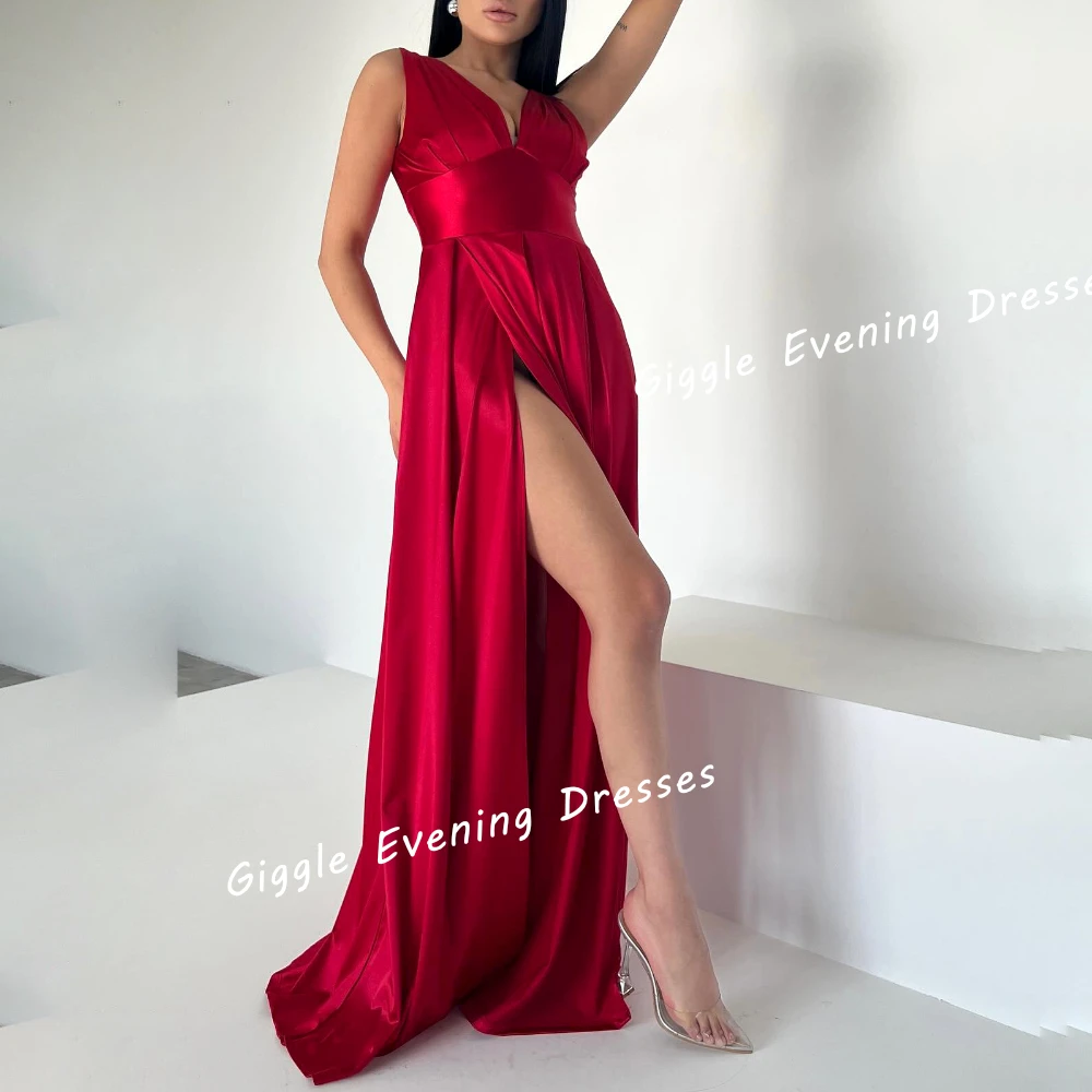 

Giggle Satin V-Neck Slit Elegance Prom Gown Saudi Arab Close-Fitting Pleating Floor-Length Evening Party Dresses for Women 2024