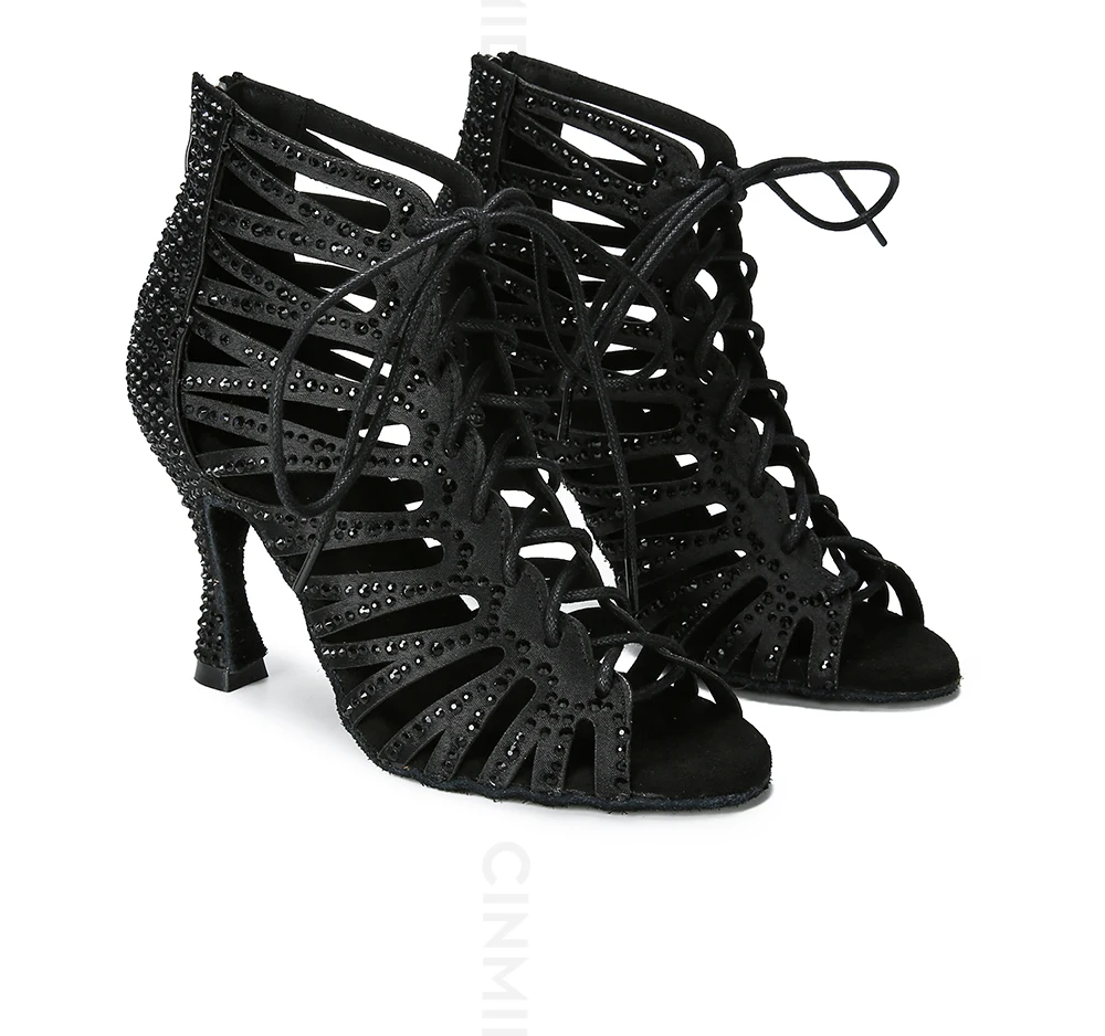 CINMIDY Schwarze Tanzschuhe für Damen Tango Salsa Latein Tanzschuhe Kubanischer Absatz Ballsaal Tanzstiefel Rote Partyschuhe zum Tanzen – Detail 17