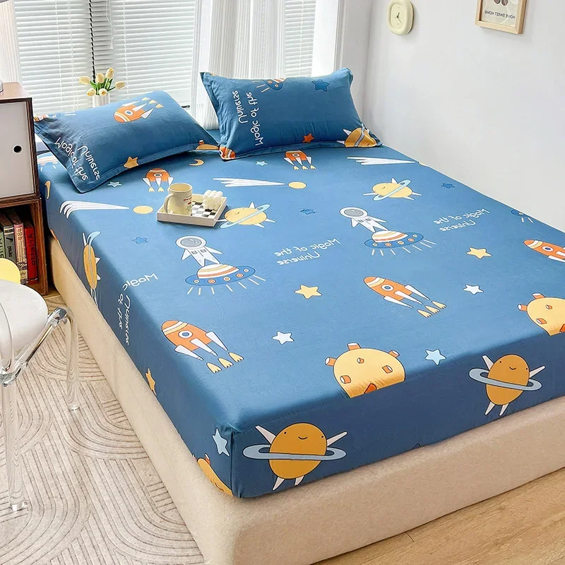 Cartoon Astronaut Fitted Sheet with 2 Pillowcase Cotton Outer Space Explorer Theme Rocket Star Print Bed Sheet Set for Kids Boys