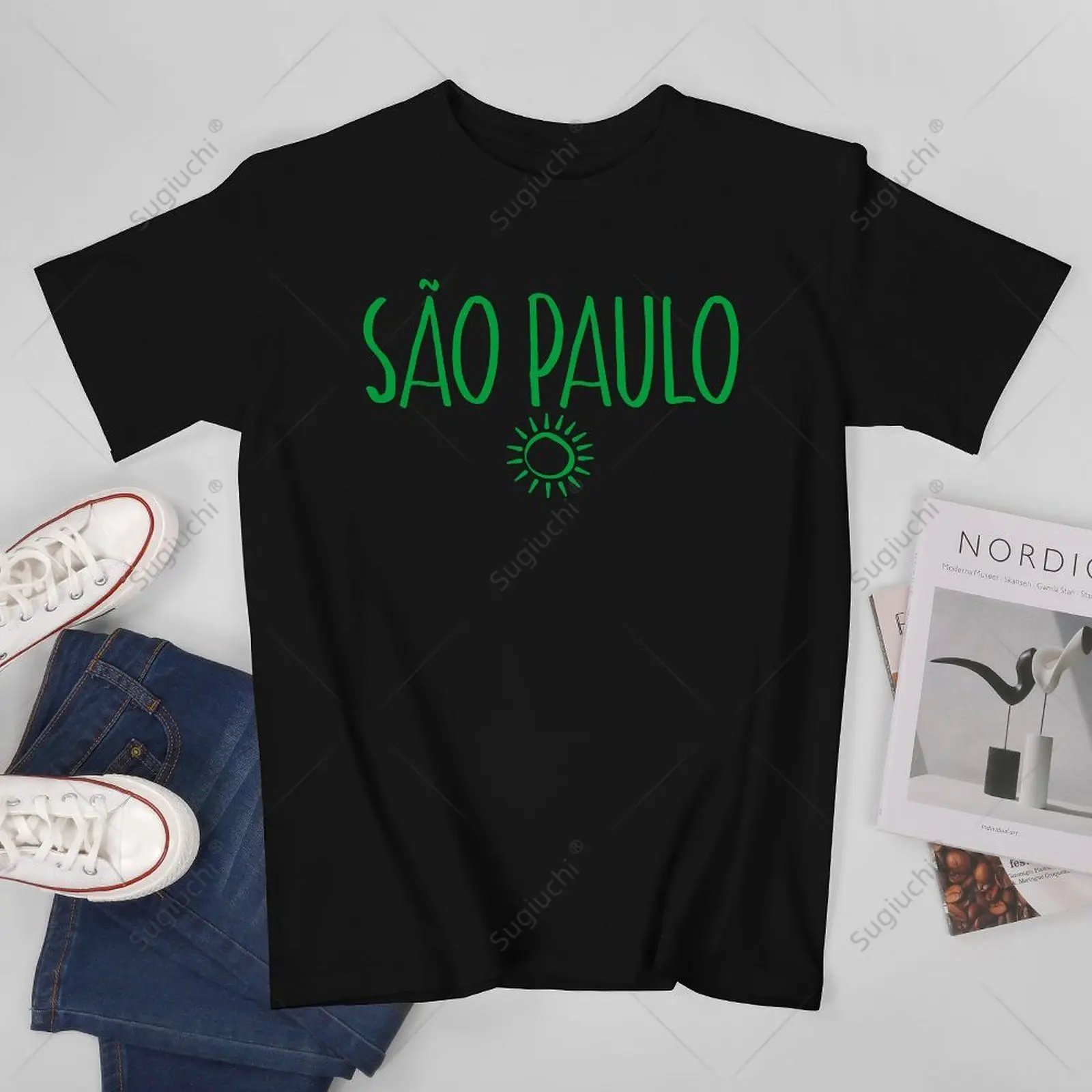 

Мужская футболка унисекс Sao Paulo Brazil Sun Drawing с рукописным текстом и янтарным принтом, футболки для женщин и мальчиков, футболка из 100% хлопка