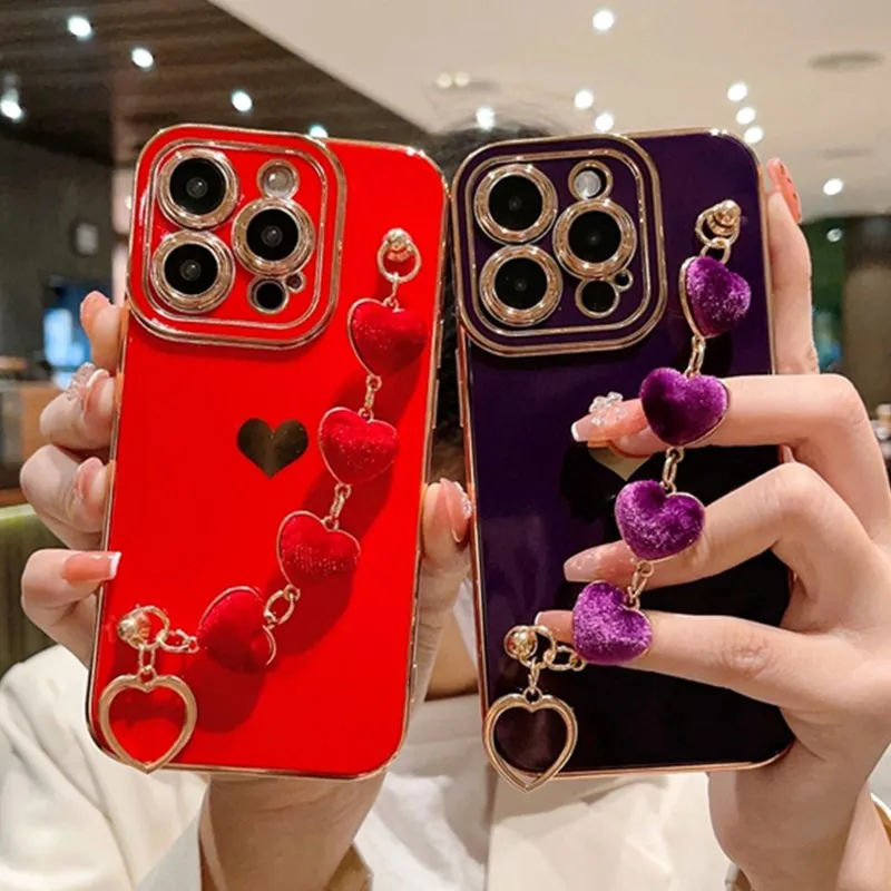 Luxury Soft Love Heart Bracelet Phone Case For iPhone 11 12 13 14 15 Pro Max XS X XR 7 8 Plus SE 2020 2022 lint Bumper Cover