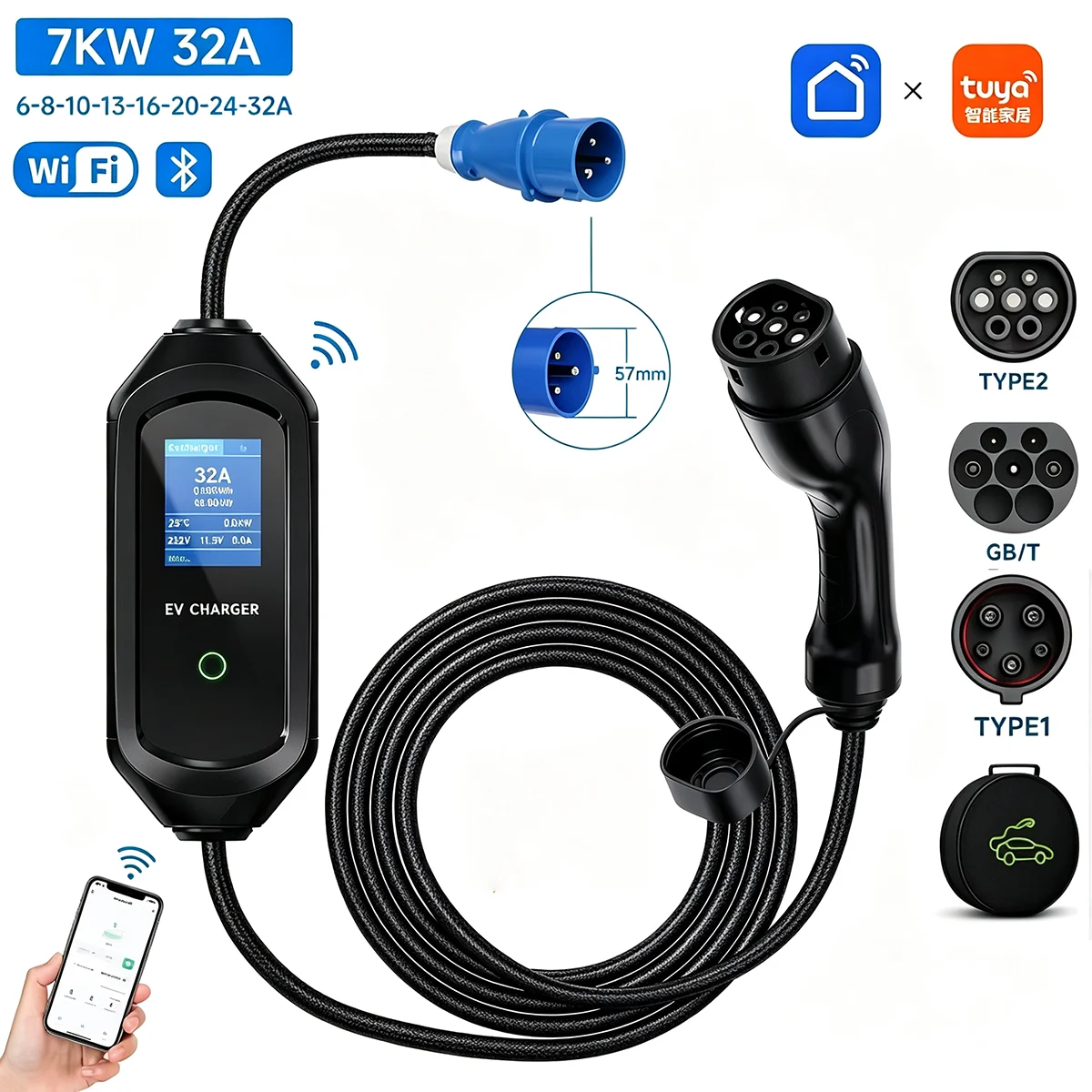 Roiea 32A 7.2KW Portable EV Charger EVSE Type2 Type1 GB/T Electric Vehicle Charging Cable, WiFi Bluetooth Smart APP Control 3.5M