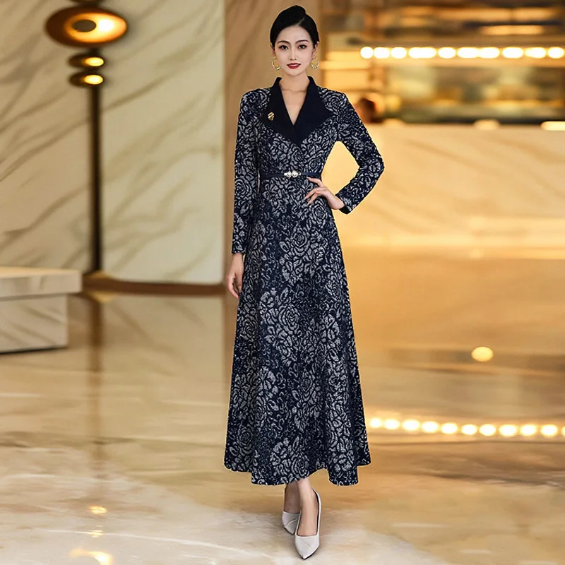 

New Women Spring Autumn Print Dress Fashion Turn-down Collar High Waist Slim Long Dress Elegant Long Sleeve Dress Female