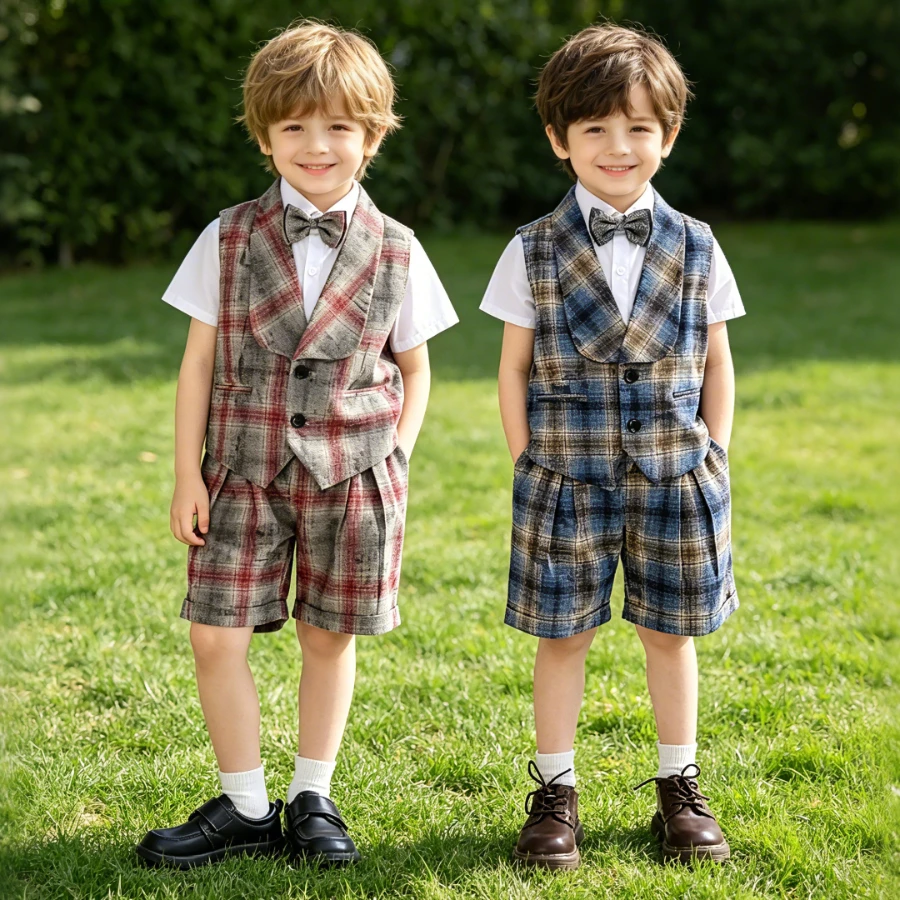 Boys Summer Formal Suit Set with Plaid Kids Gentleman Outfit for Wedding Ring Bearer Birthday Short Sleeve Shirt Vest Shorts 8 Y