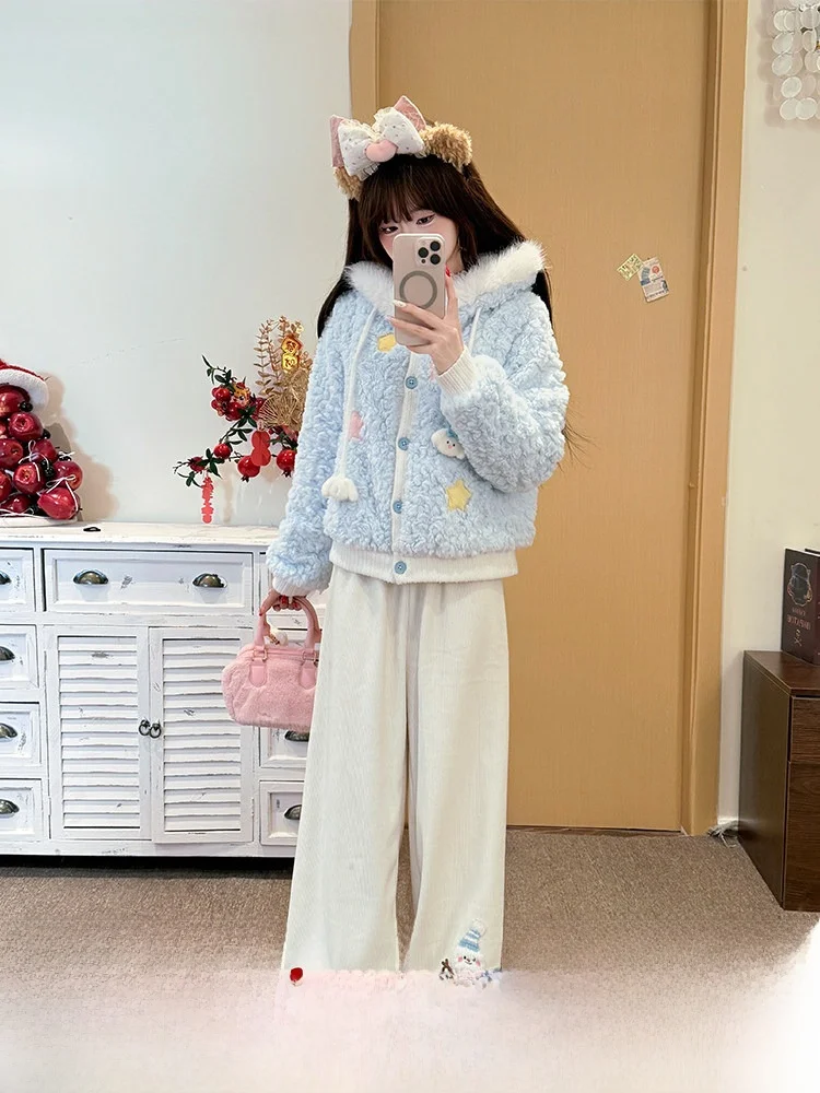 

Warmth Sweet Style Blue Lamb Fur Jacket Women's Winter Coat with Hat Plush Collar Cotton Clothes Starlight Girl Fabric Pig