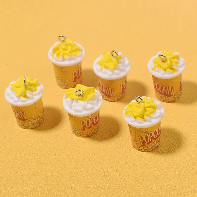 6pcs Simulation Big Buckets Popcorn Resin Charms Funny Cute Shop Crafts Pendant For Keychains Diy Jewelry Making