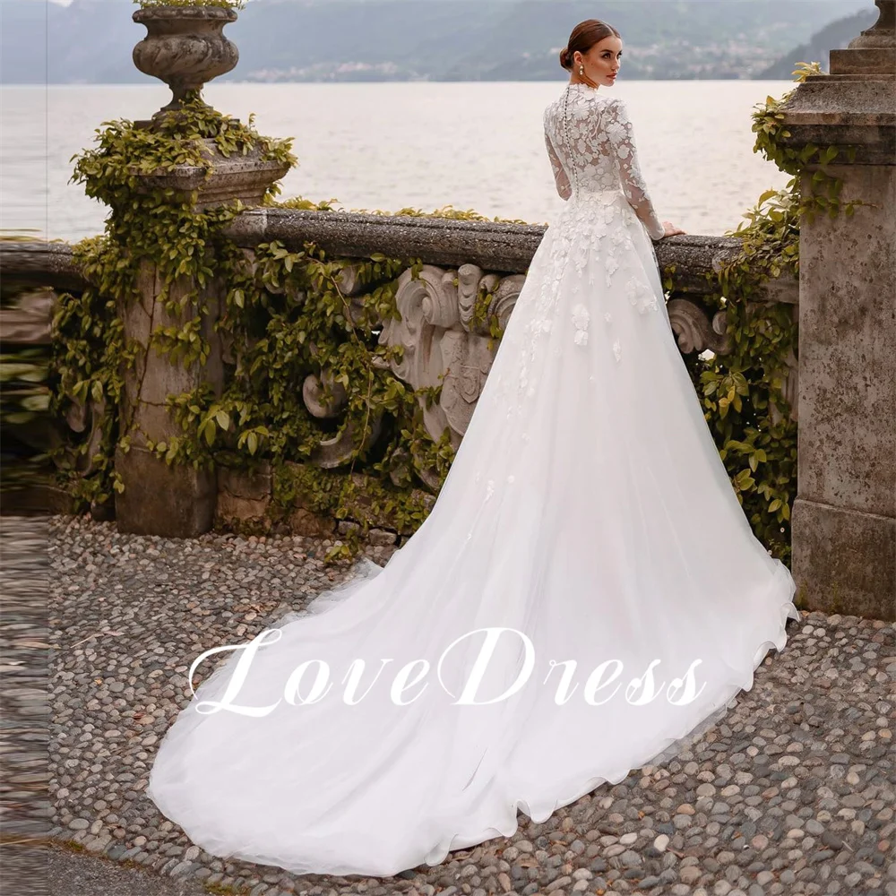 Lovedess pizzo floreale manica lunga collo alto abito da sposa Boho abiti musulmani principessa civile abito da sposa da spiaggia di lusso da sposa