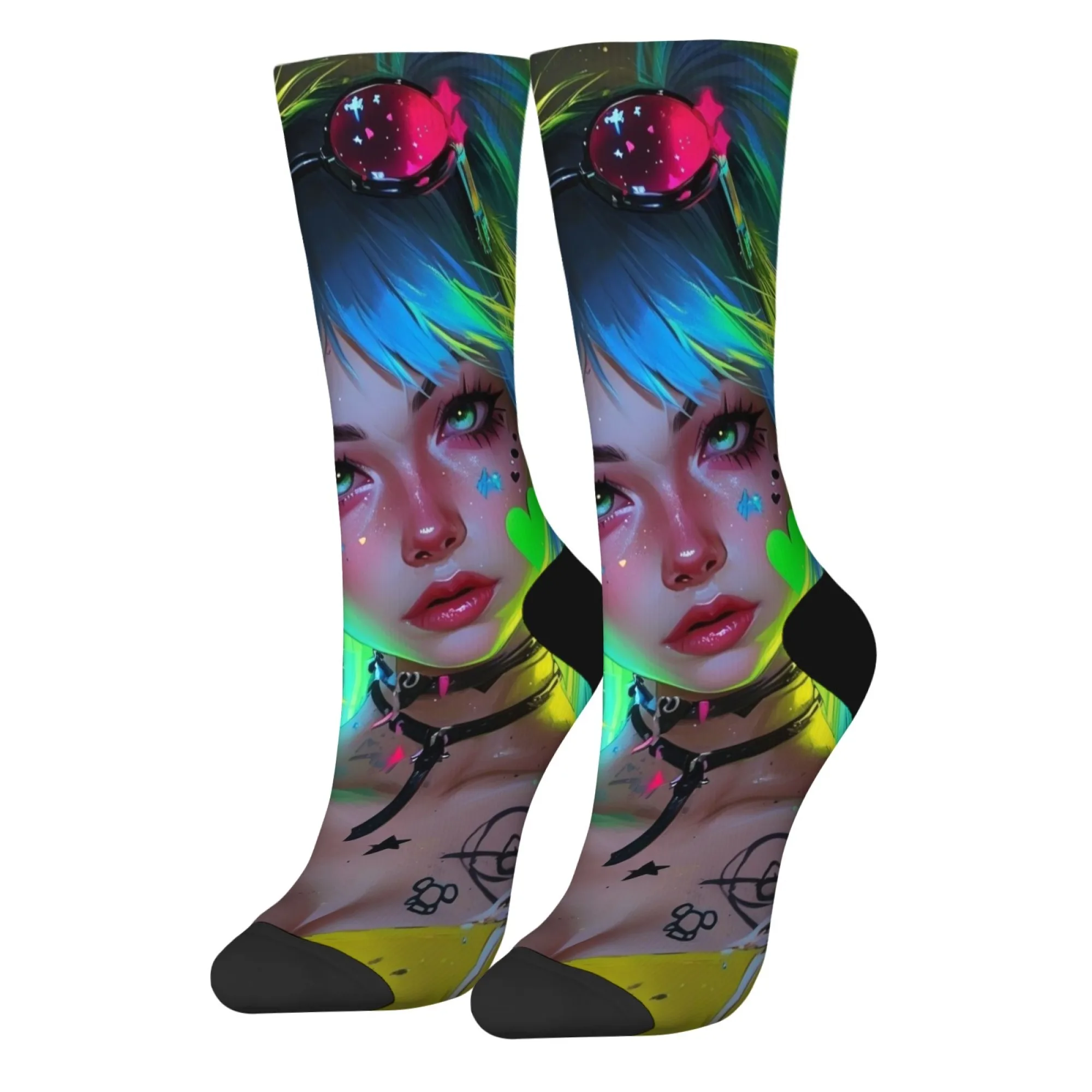 جوارب نيون مريحة جاهزة للحفلات بقاعدة فضية معدنية مع لامعة باللون الأزرق والأخضر للنساء بحواف نيون سماوية احتفالية لـ Cyberpunk Raves