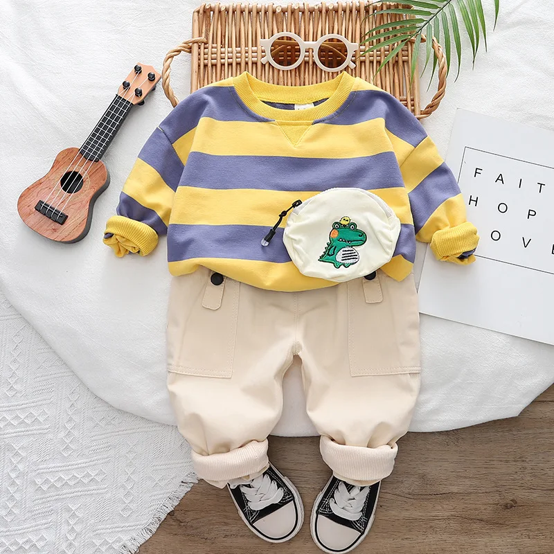 Autumn Children Clothes Set Striped Long Sleeve Boys Casual Cartoon T-shirt Pants Set 2 Pieces Baby Boy Clothing