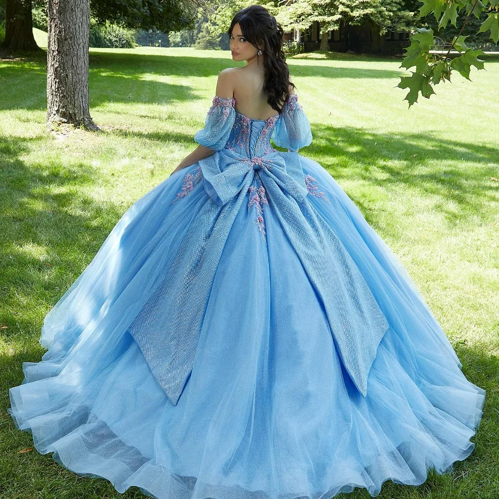 EVLAST-Vestido De quinceañera azul De México, Media manga, apliques De flores florales en 3D, lazo De cuentas, dulce 16, Vestido De 15 años, TQD072