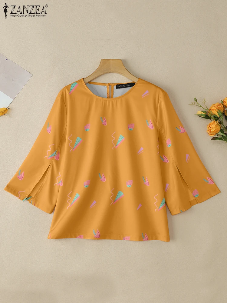 بلوزة نسائية من ZANZEA لصيف 2025 بأكمام 3/4 قمصان كلاسيكية مطبوعة موضة غير رسمية فضفاضة للعطلات بلوزات نسائية كبيرة الحجم
