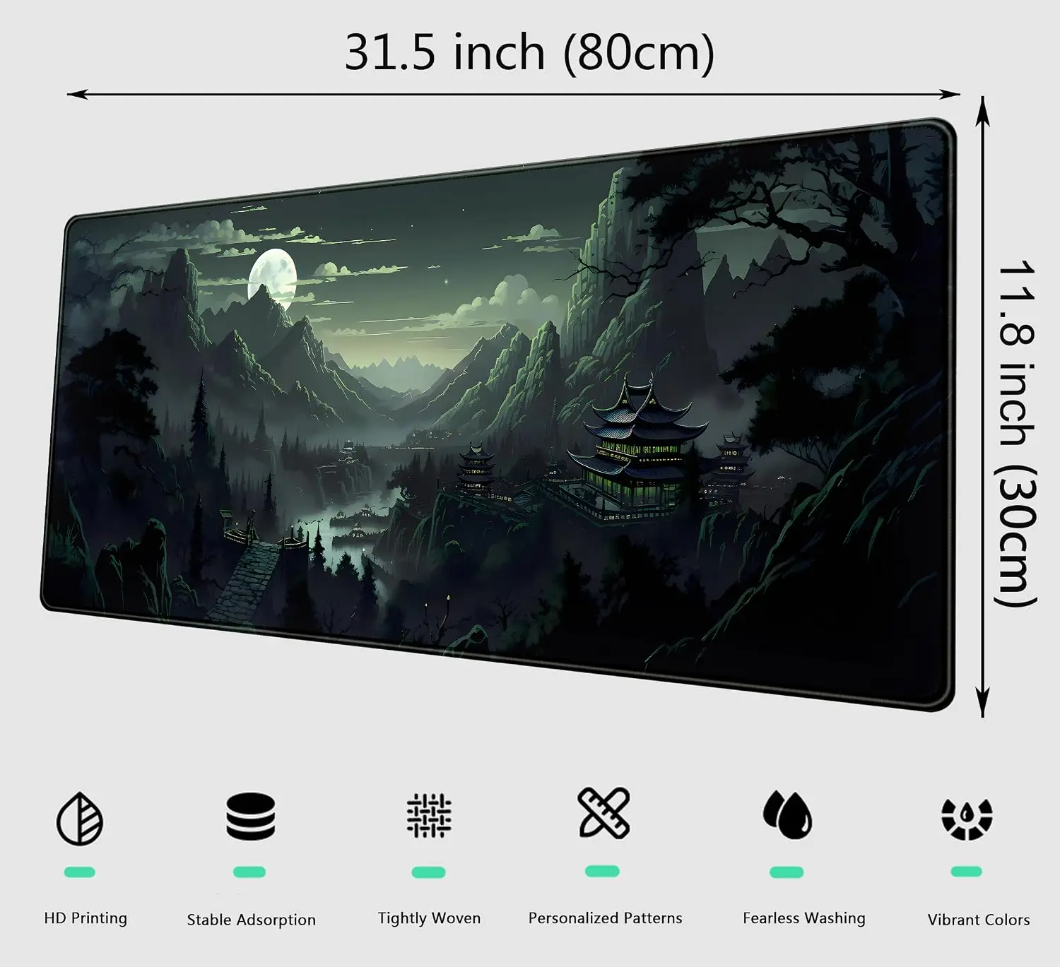 Chinese Moon Night Large Desk Mouse Pad, Misty Mountain Ancient Temple Pavilion Scenery Print, Non‑Slip Mat For Gaming Office 2