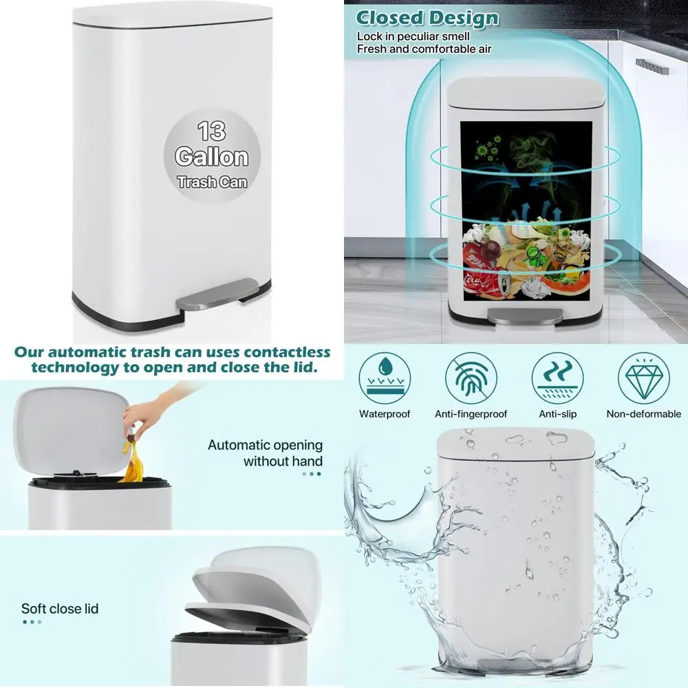 

Stainless Steel Kitchen Trash Can with 13-Gallon Capacity, Soft-Close Lid, Odor-Resistant Removable Bucket, and Quiet Pedal Oper
