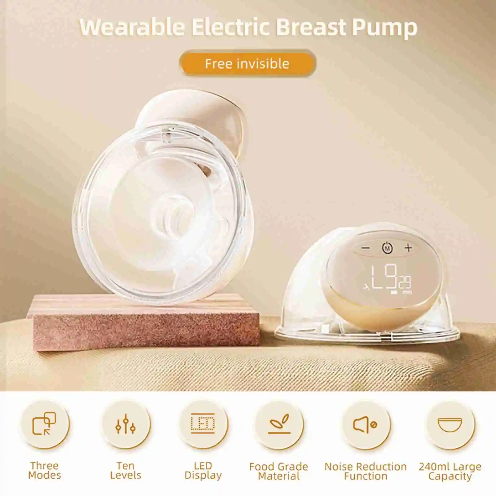 Breast pump with LED screen Wearable Electric Breast Pump 8oz/240ml Capacity 3 Modes 10 Suction Levels for Breastfeeding
