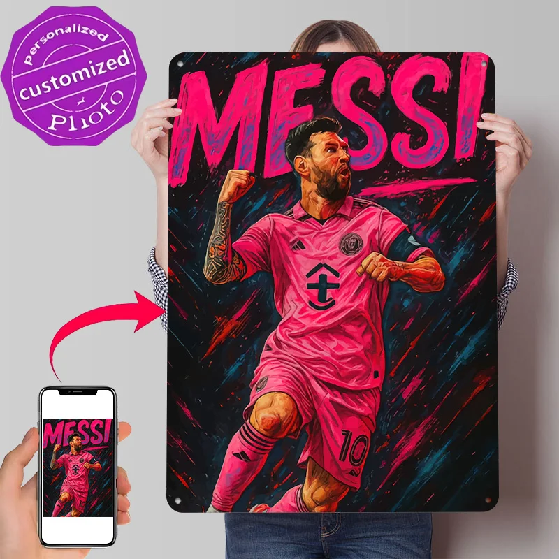 Lionel Messi Pink Jersey Celebration Art 3D Texture Printed Poster Custom Vintage Metal Tin Plate Sign for Wall Art Home Decor