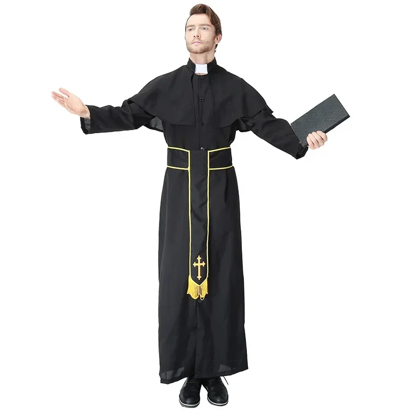 Halloween Priest Godfather Missionary Costumes Jesus Christ Missionary With Belt Neckwear Cross Man God Father Cosplay Costumes