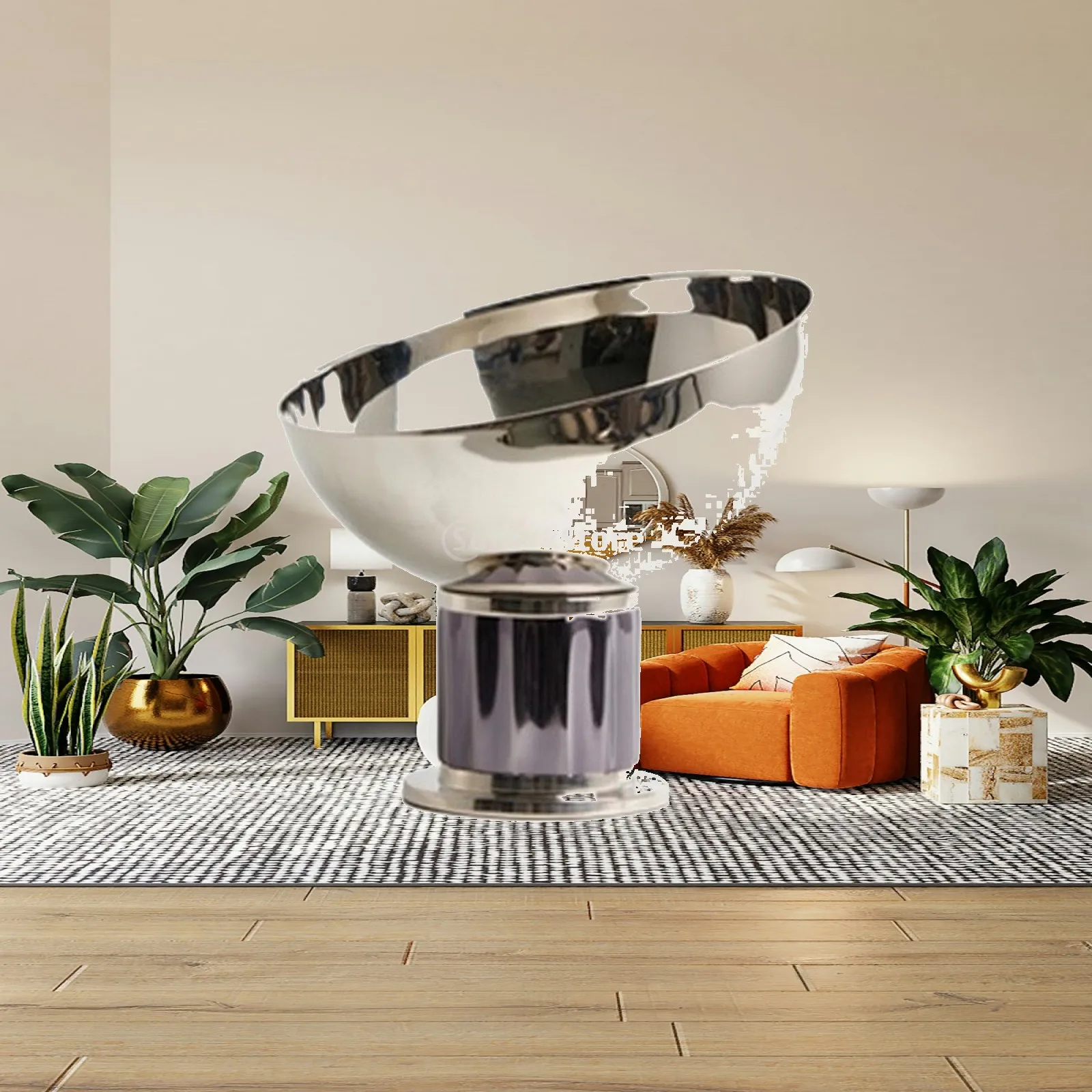 Bol décoratif argenté avec base sur piédestal, bol contemporain réfléchissant électroplaqué, moderne, minimaliste et durable.