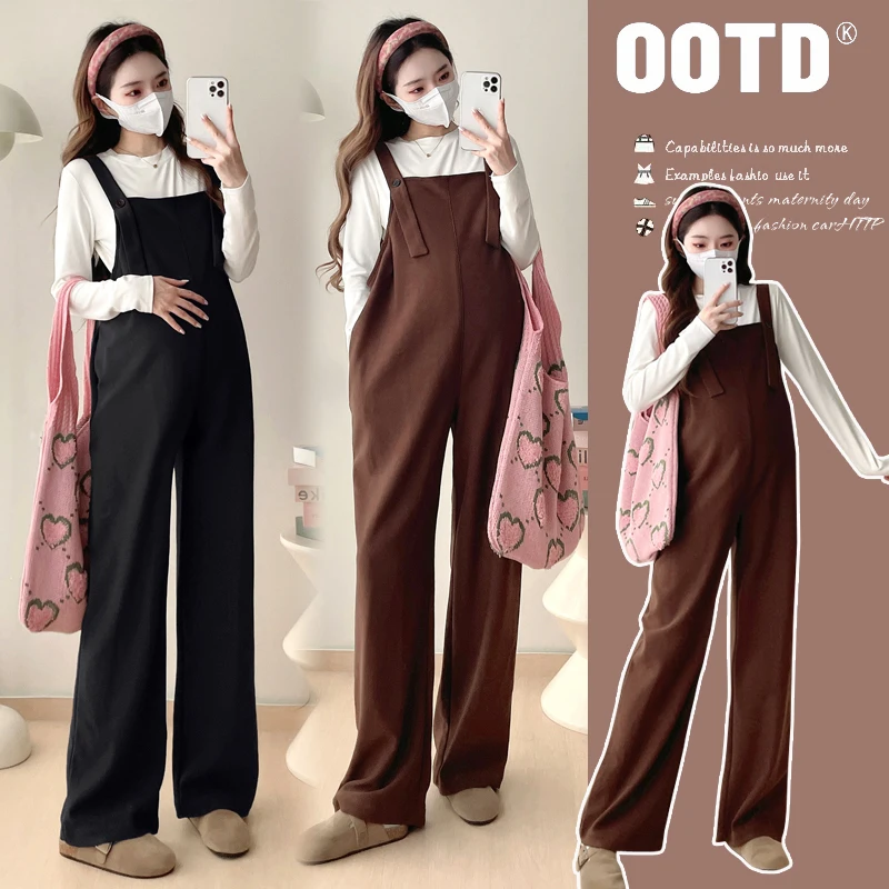 Autumn Winter Thick Heavyweight Jumpsuits Sweaters Sets for Maternity Y2k Youth Pregnancy Overalls Bib Pants Wide Leg Loose