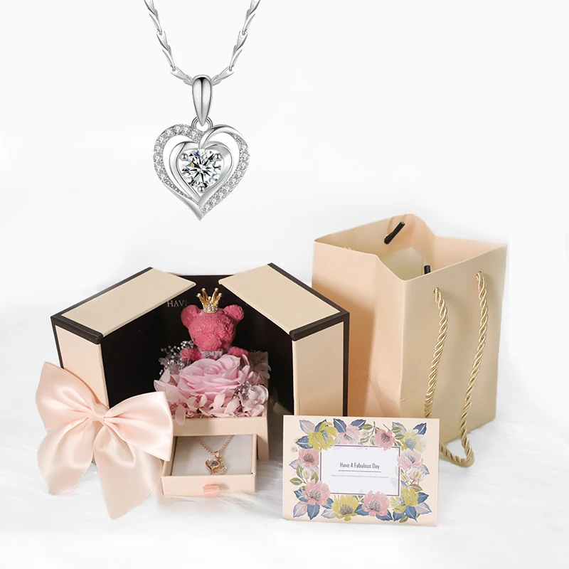Heart Blue Zircon Pendant Necklace With Luxury Bow Bear Rose Gift Box For Women Girlfriend Mother 2025 Fashion Wedding Jewelry