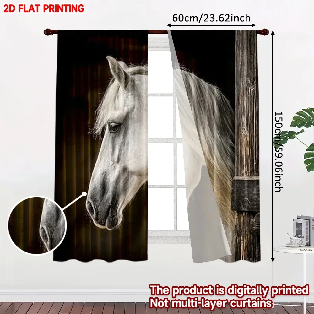 2pcs White Horse Portrait Curtains, Realistic Animal Pattern on Black Background for Modern Living Room Bedroom Decor