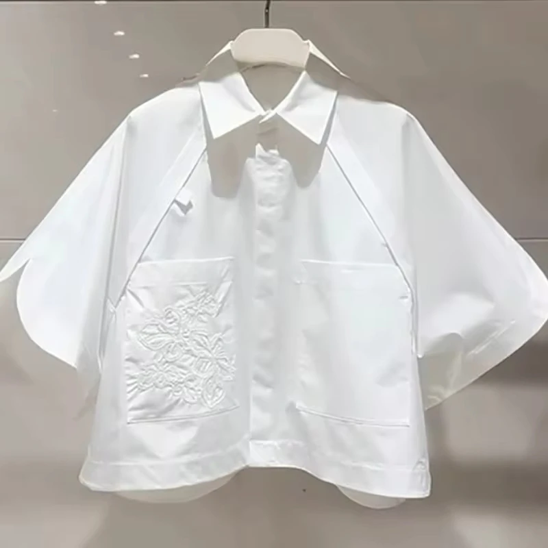 2025 New Fashion Short Sleeve Collar Half Sleeve Embroidered Short Sleeve Loose White Bat Sleeve Women's Shirt Summer