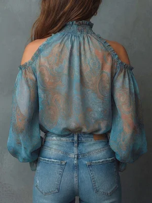 Boho Paisley-Print Chiffon-Top Damen Sexy Off-Shoulder Bluse mit Trompetenärmeln Retro 70er Fairycore Hemden – Detail 2